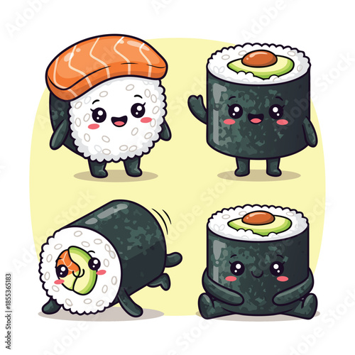 Cute Sushi Characters with Salmon and Avocado.