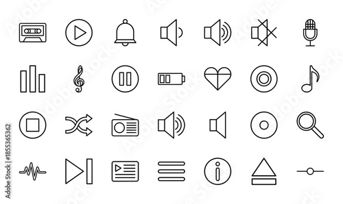 Audio and multimedia player line icon set featuring vector pictograms of play, pause, volume, microphone, cassette, radio, shuffle, and music notes in thin outline style.