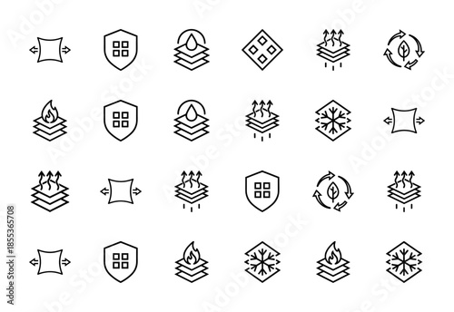 Textile and fabric property line icon set. Vector pictograms of breathability, elasticity, fire resistance, waterproof layers, cooling, and durability, thin outline illustration.