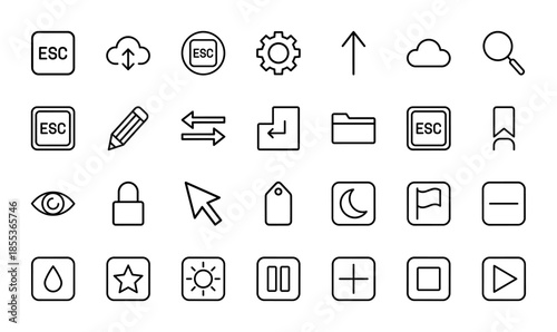 Interface and navigation line icon set featuring vector pictograms of escape key, cloud storage, gear settings, magnifying glass, pencil, folder, and media player buttons.