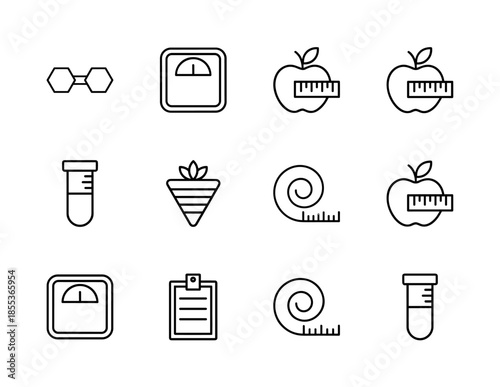 Nutrition and healthy lifestyle line icon set. Vector pictograms of weighing scale, measuring tape, fruit, test tube, checklist, and dumbbell, thin outline illustration.