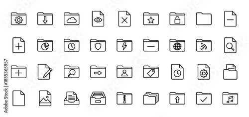 Document management line icon set. Vector pictograms of folder, file, cloud, download, upload, archive, settings, search, lock, and music, thin outline illustration.