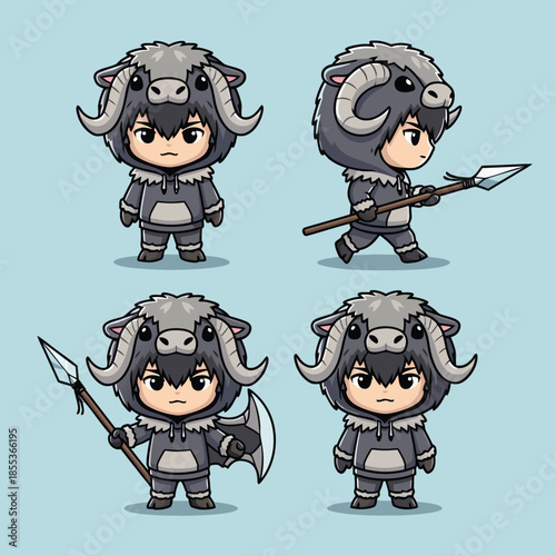 Cute Warrior Character with Buffalo Costume.