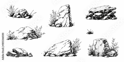 A collection of sketched rocks and stones with surrounding grassy vegetation