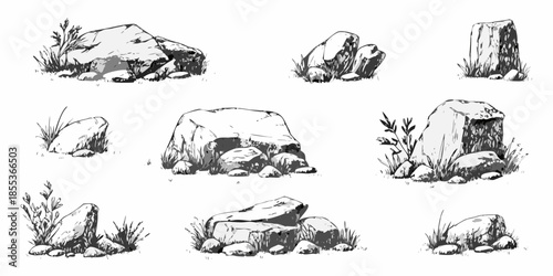 A collection of sketched rocks and stones with sparse vegetation