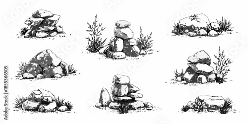 A collection of sketched rock formations and balanced stone cairns in nature