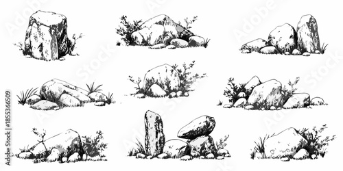 A collection of sketched rocks and stones with sparse vegetation on white