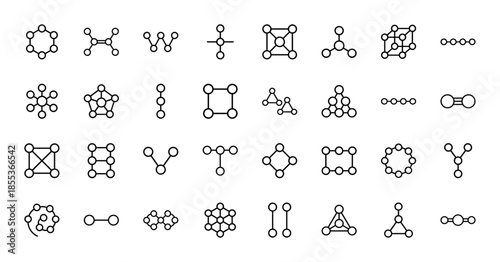 Molecular structure line icon set. Vector pictograms of atoms, benzene rings, lattices, polymers, chemical bonds, and crystal shapes, thin outline illustration.