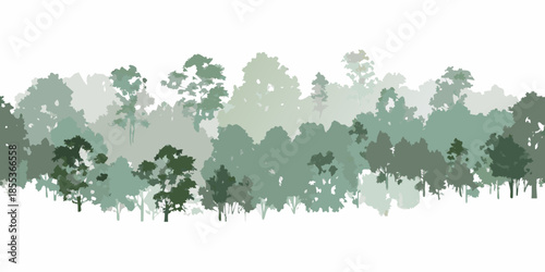 A minimalist landscape featuring a dense forest of varying green shades