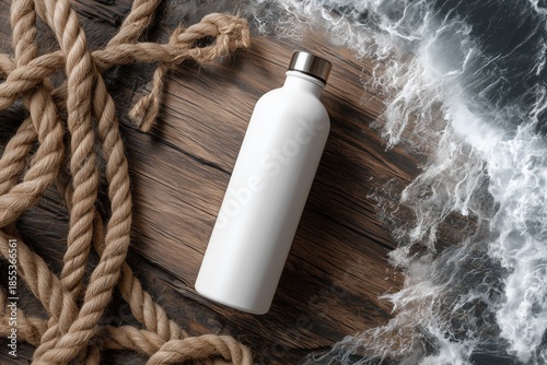 Overhead View White Bottle Mockup On Wood With Sea Foam