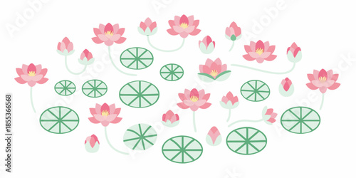 A charming arrangement of pink lotus flowers and green lily pads
