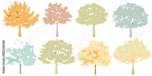 A collection of colorful stylized trees in a row digitally illustrated