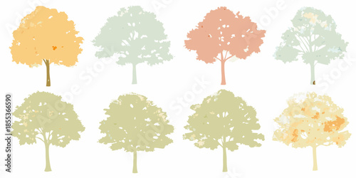 A collection of stylized trees in various autumn colors and shapes