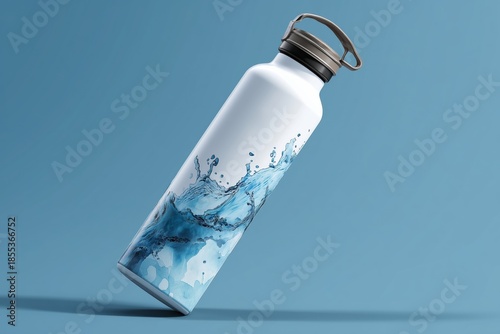 Angled White Water Bottle Mockup with Creative Blue Splash