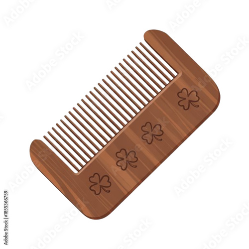 Brown wooden comb with metal teeth and decorative symbols isolated on white background