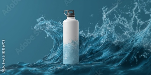 White Reusable Flask Mockup Crashing Through Blue Ocean Wave