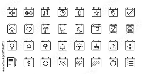 Lifestyle and planning line icon set. Vector pictograms of calendar, airplane, dumbbell, music, home, heart, shopping, cake, and business tasks, thin outline illustration.