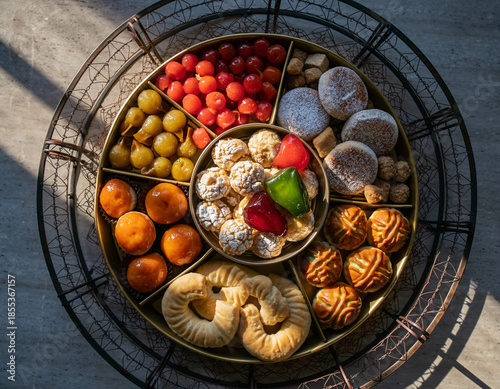 Table of New Year Sweets. Lunar New Year 2026 (Year of the Horse). Variety of colorful traditional Lunar New Year sweets, candied fruits, and pastries, arranged neatly on a decorative, circular tray.
