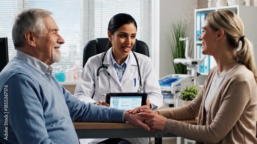 Doctor consulting with senior patient and supportive family member in a modern medical office
