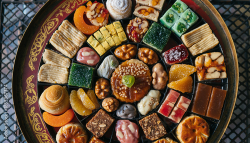 Table of New Year Sweets. Lunar New Year 2026 (Year of the Horse). Variety of colorful traditional Lunar New Year sweets, candied fruits, and pastries, arranged neatly on a decorative, circular tray.
