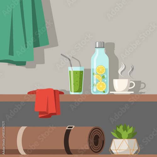 Healthy Lifestyle Flat Illustration: Green Smoothie, Infused Water, Coffee, Yoga Mat, Plant
