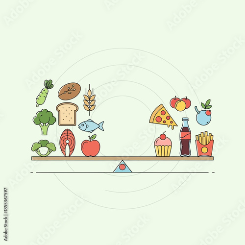 Healthy vs Unhealthy Food Balance Scale, Diet Choices, Nutrition Concept