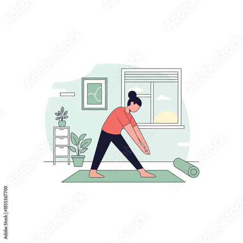Woman doing yoga in room, stretching on mat near window, sunrise, healthy lifestyle