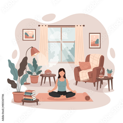 Woman meditating at home, yoga mat, plants, armchair, cozy living room atmosphere