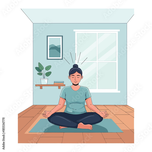 Woman Meditating Calmly Indoors with Eyes Closed, Practicing Mindfulness