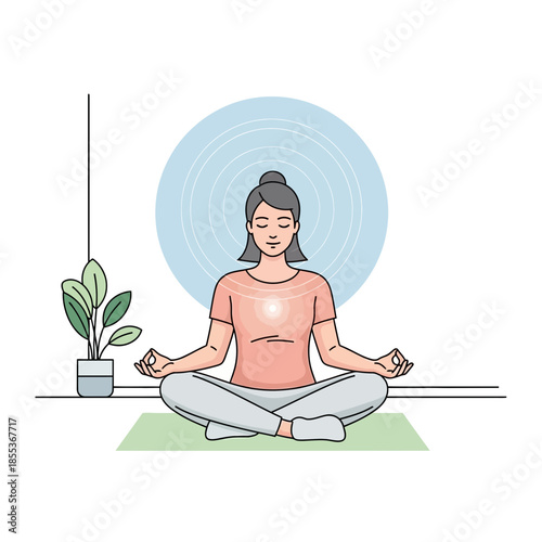 Woman meditating in lotus pose, aura glowing, serene mind, wellness illustration