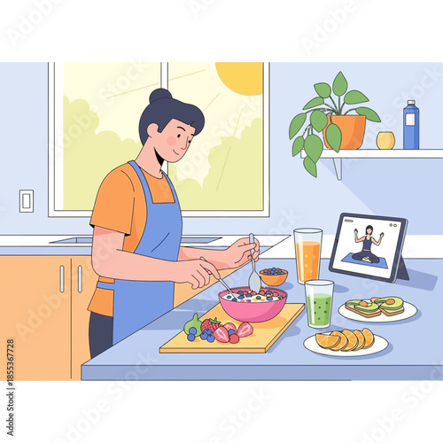 Woman preparing healthy breakfast while watching online yoga class on tablet in kitchen