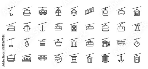 Cable car and ski lift icon set. Vector pictograms of gondola, chairlift, funicular, ropeway, aerial tramway, and cabin transport, thin line outline illustration.