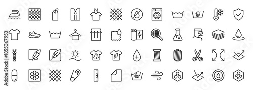 Textile and garment care line icon set. Vector pictograms of washing, ironing, fabric properties, sewing tools, and laundry symbols, thin outline illustration.