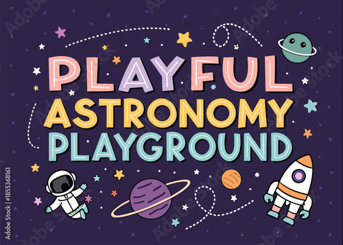 Explore playful astronomy playground with astronaut, planets, and rocket ship art for kids' room decor and educational materials, sparking curiosity