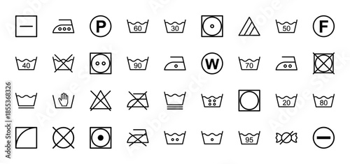 Laundry care line icon set. Vector pictograms of washing machine, iron, dryer, bleaching, dry cleaning, temperature, and hand wash symbols, black outline illustration.