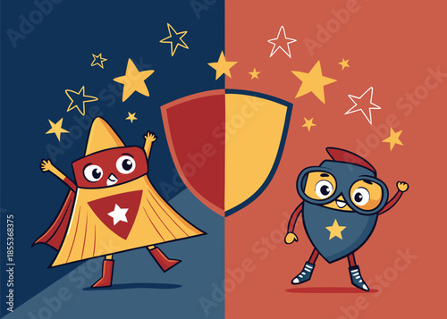 Inspiring cartoon superheroes with shields and stars, perfect for children's projects, bringing imagination and fun to any design, vibrant and creative