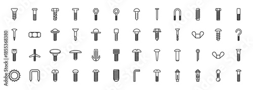 Industrial hardware and fastener line icon set. Vector pictograms of bolts, screws, nuts, nails, washers, anchors, rivets, and allen keys, thin outline illustration.