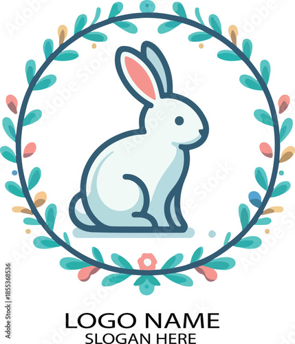  Easter bunny wreath logo icon vector white background