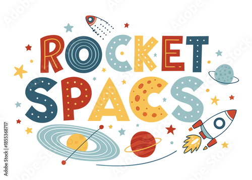 Blast off to imagination with this fun rocket and space themed design perfect for kids rooms, posters, and birthday party decorations, colorful and playful