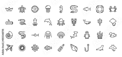 Ocean and marine life line icon set. Vector pictograms of whale, shark, octopus, dolphin, turtle, seahorse, crab, and coral, thin black outline illustration.