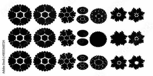 A series of black and white fractal patterns showcasing geometric complexity