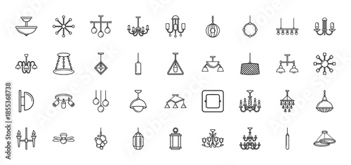Interior lighting line icon set. Vector pictograms of chandeliers, pendants, sconces, floor lamps, ceiling fans, and modern fixtures, thin outline illustration.
