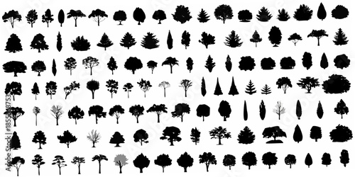 A collection of various tree silhouettes against a plain white background