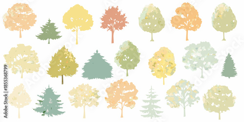 Colorful collection of stylized trees in various autumnal and spring shades