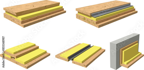 Building insulation layers illustration with wood panels thermal material structure, construction energy efficiency wall floor vector diagram