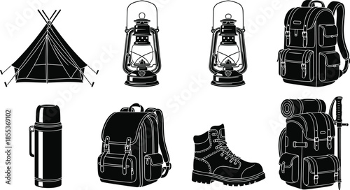 Camping equipment illustration set, outdoor adventure gear collection, hiking backpack tent lantern thermos boots, wilderness travel vector icons