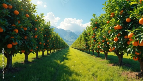 Rows of ripe orange trees laden with fruit stretch towards distant mountains under clear blue sky. Sunlight illuminates rich green leaves, verdant grass of orchard. Idyllic scene suggests abundance,
