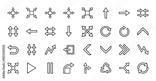 Arrow line icon set featuring vector pictograms of direction, navigation, pointer, expand, collapse, recycle, play, pause, and movement, thin outline illustration.