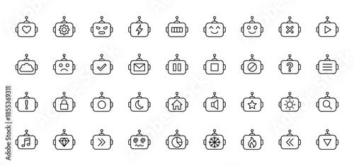 Robot expression and utility line icon set. Vector pictograms of heart, gear, battery, cloud, mail, home, star, magnifying glass and music, thin outline illustration.