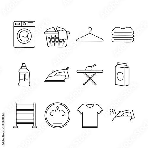 Clean laundry outline icon set featuring washing machine, iron, hanger, folded clothes, and detergent. Minimal line style icons perfect for UI, apps, websites, and laundry service designs.